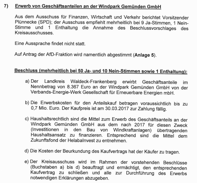 Namentliche Abstimmung zu TOP 7 Erwerb von Geschäftsanteilen an der Windpark Gemünden GmbH 20.03.2017